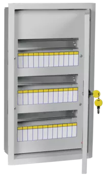 Щит распределительный ЩРв-36, встраиваемый, металл, 3 ряда/36 модулей, замок с ключом, без клеммных колодок, серый, IP 31, TITAN 3 IEK (MKM14-V-36-30-T)