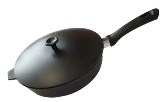 Сковорода Камская посуда Б6061, чугун, антипригарное покрытие, съемная ручка, черный с крышкой (Б6061)