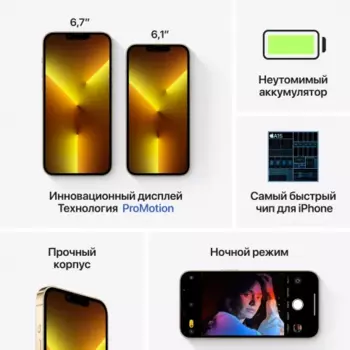 Смартфон Apple iPhone 13 Pro Max A2641, 6.7" 1284x2778 OLED, Apple A15 Bionic, 6Gb RAM, 128Gb, 3G/4G/5G, NFC, Wi-Fi, BT, 3xCam, 2-Sim (nano SIM+eSIM), 4352mAh, Lightning, iOS 15, золотистый (MLJ63AH/A)