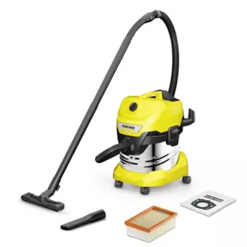 Строительный пылесос KARCHER WD 4 S V-20/5/22, сетевой, 900 Вт, влажная, сухая уборка, объем пылесборника 20 л, контейнер, мешок, диаметр шланга 3.5 см, длина шланга 2.2 м, 7.2 кг (1.628-250.0)