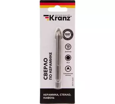Сверло ⌀10мм x 82мм/47мм, HSS, по керамической плитке стеклу, Kranz, 1шт. (KR-91-0644)