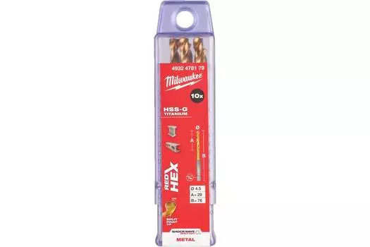 Сверло 4.5 мм x 76 мм/29 мм, HSS-TiN, по металлу, Milwaukee RedHex, 10 шт. (4932478179)