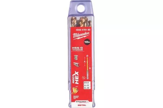 Сверло 5 мм x 80 мм/31 мм, HSS-TiN, по металлу, Milwaukee RedHex, 10 шт. (4932478180)