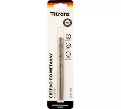 Сверло ⌀7мм x 109мм/69мм, HSS-СО (P6M5K5), по металлу, Kranz Кобальт, 1шт. (KR-91-0509)