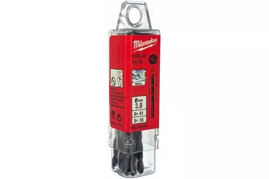 Сверло спиральное 3мм x 61мм/33мм, HSS-R, по металлу, Milwaukee, 10шт. (4932363464)