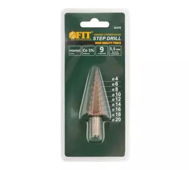 Сверло ступенчатое 4-20 мм, 9 ступеней x 80мм, HSS-CO, по металлу, FIT, 1шт. (36392)