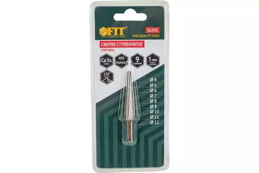 Сверло ступенчатое 5.8 см, 4-12 мм, HSS-СО (P6M5K5), по металлу, FIT, 1 шт. (36391)