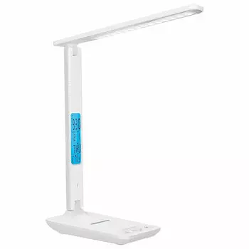 Светильник настольный DASWERK DAS HAUS, светодиоды, 10 Вт, 2700 K/420лм, 3 режима свечения, беспроводная зарядка, USB-разъем для зарядки гаджетов, часы, термометр, белый (238325)