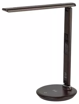 Светильник настольный ЭРА NLED-505-10W-BR, светодиоды, 10 Вт, 3000 K, имеет встроенный модуль Qi для беспроводной зарядки мобильных устройств/дисплей с функциями часов, будильника, календаря и термометра, коричневый (Б0057201)