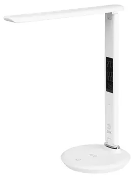 Светильник настольный ЭРА NLED-505-10W-W, светодиоды, 10 Вт, 3000 K, имеет встроенный модуль Qi для беспроводной зарядки мобильных устройств/дисплей с функциями часов, будильника, календаря и термометра, белый (Б0057199)