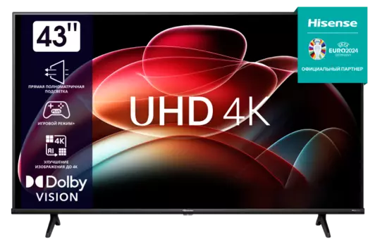 Телевизор 43" Hisense 43A6K, 3840x2160, DVB-T /T2 /C, HDMIx3, USBx2, WiFi, Smart TV, черный (43A6K)