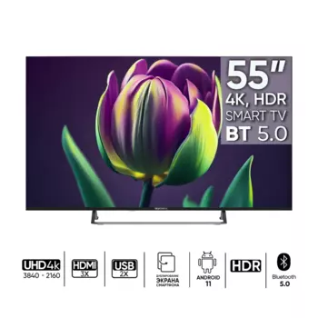 Телевизор 55" Topdevice TDTV55CS06U_BK, 3840x2160, HDMIx3, USBx2, WiFi, Smart TV, черный (TDTV55CS06U_BK)