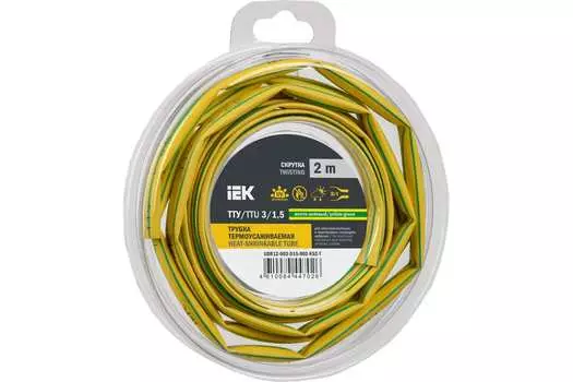 Термоусаживаемая трубка ТУТ IEK ТТУ нг-LS, 3 мм/1.5 мм, 2:1, 1 шт. x 2 м, желтый/зеленый (UDR12-003-D15-002-K52-T)