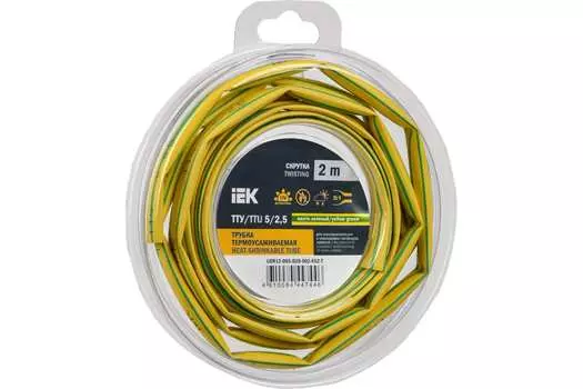 Термоусаживаемая трубка ТУТ IEK ТТУ нг-LS, 5 мм/2.5 мм, 2:1, 1 шт. x 2 м, желтый/зеленый (UDR12-005-D25-002-K52-T)
