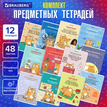 Тетрадь клетка/линия A5 48 листов, скоба, поля, обложка мелованный картон - КОТ-ЭНТУЗИАСТ, комплект 12 предметов, BRAUBERG (404609)