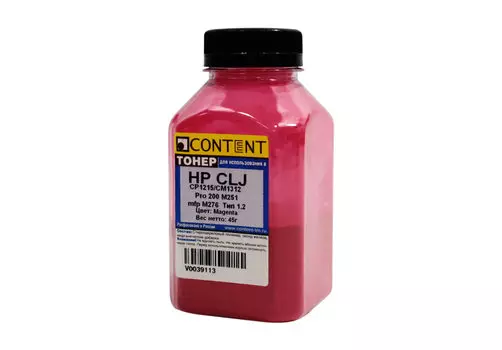 Тонер Content, бутыль 45 г, пурпурный, совместимый для Canon CLJ CM1300/CM1312/CP1210/CP1215/Pro CP1525/CM1415/Pro 200 M251/mfp M276, I-Sensis LBP-7100/7110/MF8230/8280, Тип 1.2 (V0039113)