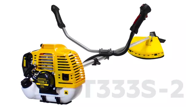 Триммер Champion T333S-2, 1.22 л.с., 2800 об/мин, бензиновый, реж.эл.: леска и нож, U-образная рукоять, плечевой ремень, верхнее положение двигателя, 7.6кг