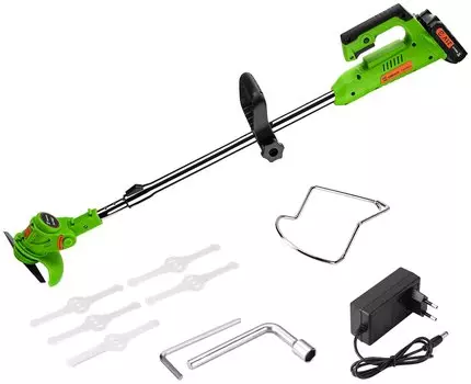 Триммер DEKO DKTR21, 350 Вт, 10000 об/мин, аккумуляторный, реж.эл.: нож, J-образная рукоять, нижнее положение двигателя, 2.03 кг, Триммер садовый аккумуляторный DEKO DKTR21 - компактная модель, удобная для скашивания травы в труднодоступных местах, вдоль заборов, клумб, подравнивания газонов, краев садовых дорожек. Оснащен телескопической штангой для комфортной работы. (063-4231)