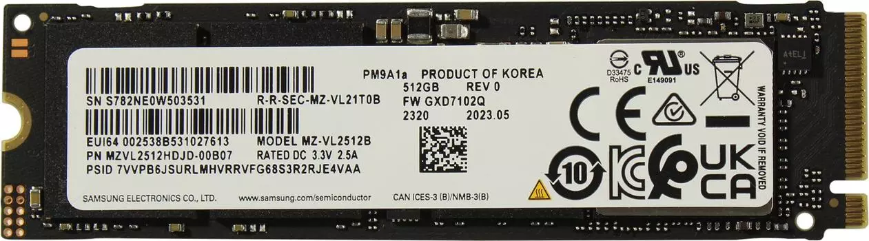 Твердотельный накопитель (SSD) Samsung 512Gb PM9A1a, 2280, M.2, NVMe (MZVL2512HDJD-00B07) Bulk (OEM)