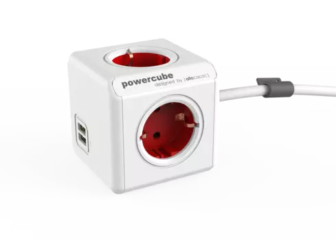Удлинитель Allocacoc PowerCube Extenden USB, 4-розетки, 1.5м, белый/красный (1402RD/DEEUPC)
