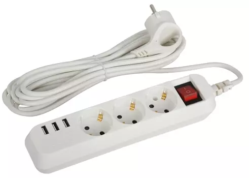 Удлинитель Эра U-3es-5m-USB, 3-розетки, 5 м, белый (Б0052902)