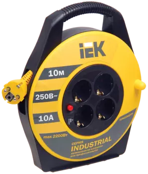 Удлинитель на катушке IEK Industrial УК10, 4-розетки, 10м, желтый/черный (WKP15-16-04-10)