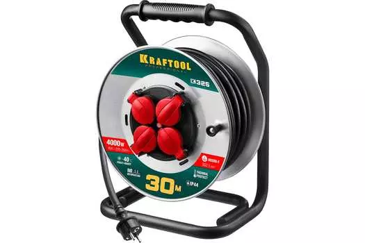 Удлинитель на катушке KRAFTOOL K-325, 4-розетки, 30м, черный/серебристый (55086-30)