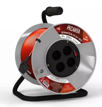 Удлинитель на катушке РЕСАНТА силовой СУ-2х1-30/2, 4-розетки, 30 м, оранжевый/красный (61/118/4)