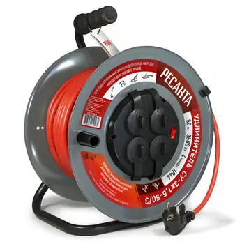 Удлинитель на катушке РЕСАНТА силовой СУ-3х1,5-50/3, 4-розетки, 50 м, черный/серый/оранжевый (61/118/7)