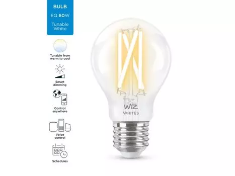 Умная лампа WIZ Wi-Fi BLE 60W A60 E27 927-65 CL 1PF/6 , 7Вт, 806лм, 2700-6500К, E27, WiFi, белый (929002450202)