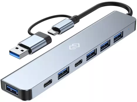 USB-концентратор Digma DHUB-7USB-AC, 4xUSB 2.0, 1xUSB 3.0, 2 (1 для доп. питания)xUSB-C, серебристый (DHUB-7USB-AC)