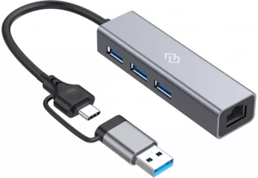 USB-концентратор Digma DHUB-LAN-4PORT, 2xUSB 2.0, 1xUSB 3.0, серебристый + 1xRJ-45 Ethernet (DHUB-LAN-4PORT)