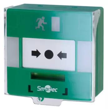 Устройство разблокировки двери Smartec ST-ER116TLS-GN, с восстанавливаемой кнопкой активации, световая/звуковая индикация, защитная прозрачная крышка, 3 группы контактов НР/НЗ, 12/24 В, 75/41 мА, IP40, -20…+60°C, 90х93х45 мм, зеленый/белый (ST-ER116TLS-GN)
