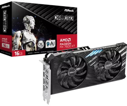 Видеокарта ASRock AMD Radeon RX 7600XT Challenger OC, 16Gb GDDR6, 128 бит, PCI-E, HDMI, 3DP, Retail (RX7600XT CL 16GO)