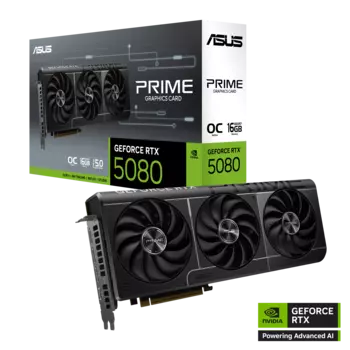 Видеокарта ASUS NVIDIA GeForce RTX 5080 PRIME OC, 16Gb GDDR7, 256 бит, PCI-E, HDMI, 3DP, Retail (PRIME-RTX5080-O16G)