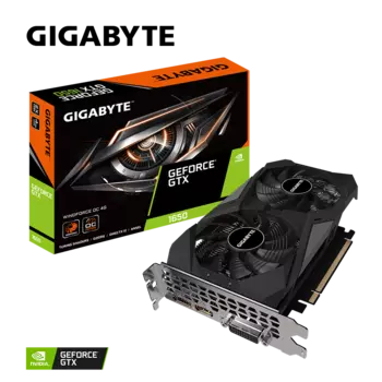 Видеокарта GIGABYTE NVIDIA GeForce GTX 1650 D6 WINDFORCE OC 4G, 4Gb DDR6, 128 бит, PCI-E, DVI, HDMI, DP, Retail (GV-N1656WF2OC-4GD)