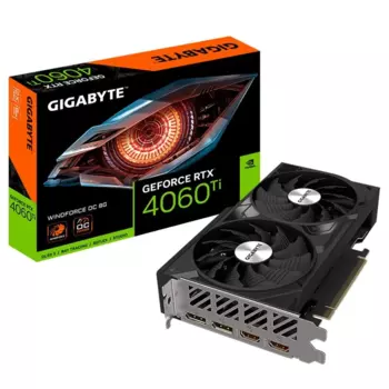 Видеокарта GIGABYTE NVIDIA GeForce RTX 4060Ti WINDFORCE OC, 8Gb GDDR6, 128 бит, PCI-E, 2HDMI, 2DP, Retail (GV-N406TWF2OC-8GD)