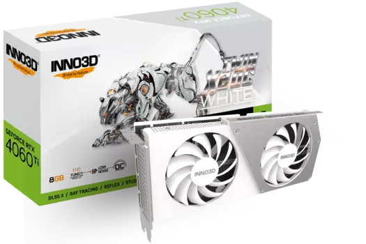 Видеокарта Inno3D NVIDIA GeForce RTX 4060Ti TWIN X2 OC WHITE, 8Gb GDDR6, 128 бит, PCI-E, HDMI, 3DP, Retail (N406T2-08D6X-171153W)