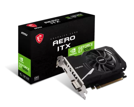 Видеокарта MSI NVIDIA GeForce GT 1030 AERO ITX 4GD4 OC, 4Gb DDR4, 64 бит, PCI-E, DVI, HDMI, Retail (GT 1030 AERO ITX 4GD4 OC)