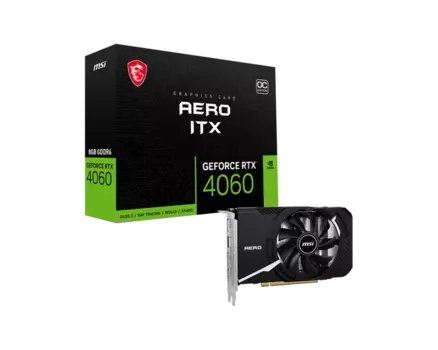 Видеокарта MSI NVIDIA GeForce RTX 4060 AERO ITX 8G OC, 8Gb GDDR6, 128 бит, PCI-E, HDMI, 3DP, Retail (RTX 4060 AERO ITX 8G OC)