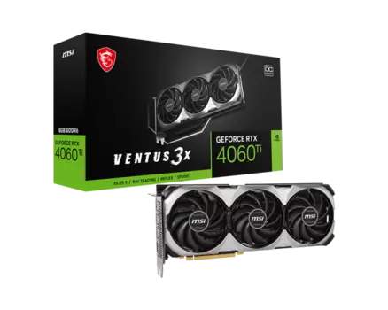 Видеокарта MSI NVIDIA GeForce RTX 4060Ti VENTUS 3X, 8Gb DDR6, 128 бит, PCI-E, HDMI, 3DP, Retail (4060 TI VENTUS 3X E 8G OC)