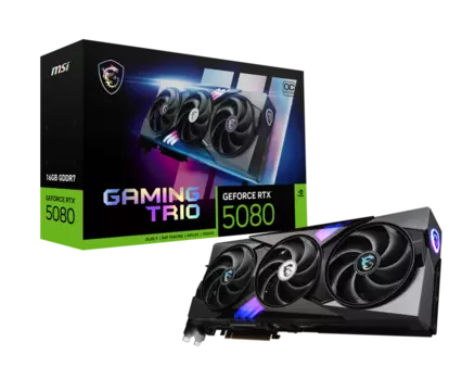 Видеокарта MSI NVIDIA GeForce RTX 5080 16G GAMING TRIO OC, 16Gb GDDR7, 256 бит, PCI-E, HDMI, 3DP, Retail (RTX 5080 GAMING TRIO OC)