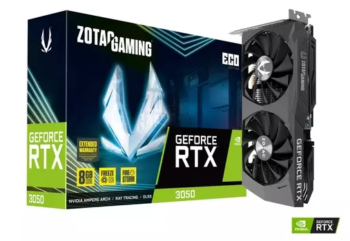 Видеокарта ZOTAC NVIDIA GeForce RTX 3050 ECO, 8Gb GDDR6, 128 бит, PCI-E, HDMI, 3DP, Retail (ZT-A30500K-10M)