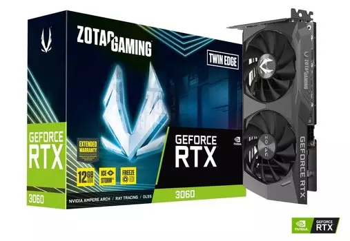 Видеокарта ZOTAC NVIDIA GeForce RTX 3060 Twin Edge, 12Gb DDR6, 192bit, PCI-E, HDMI, 3DP, Retail (ZT-A30600E-10M LHR)