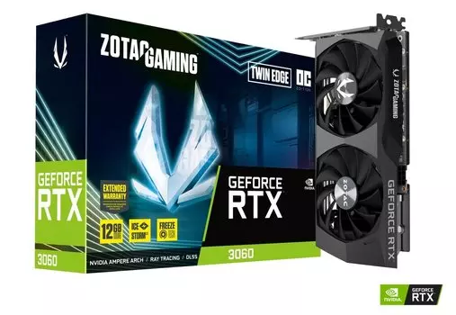 Видеокарта ZOTAC NVIDIA GeForce RTX 3060 Twin Edge OC, 12Gb DDR6, 192bit, PCI-E, HDMI, 3DP, Retail (ZT-A30600H-10M LHR)