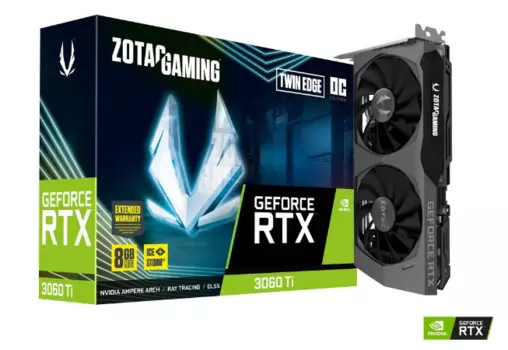 Видеокарта ZOTAC NVIDIA GeForce RTX 3060Ti Twin Edge OC, 8Gb DDR6, 256 бит, PCI-E, HDMI, 3DP, Retail (ZT-A30610H-10M LHR)