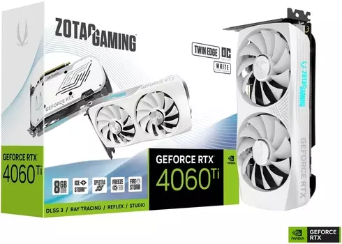 Видеокарта ZOTAC NVIDIA GeForce RTX 4060Ti TWIN EDGE OC WHITE ED , 8Gb DDR6, 128 бит, PCI-E, HDMI, 3DP, Retail (ZT-D40610Q-10M)