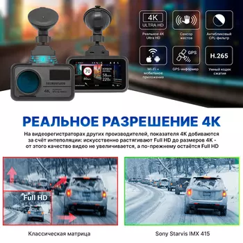 Видеорегистратор TrendVision TDR-725 Real 4K, 3840x2160 30 к/с, 170°, G-сенсор, GPS/ГЛОНАСС, WiFi, microSD (microSDXC), черный (TDR-725)