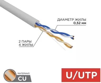 Витая пара UTP кат.5e, 2 пары, CU, 0.52 мм, 305м., внутренний, одножильный, нг(А)-HF, серый, REXANT (02-0002)