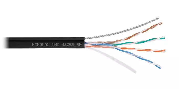 Витая пара UTP кат.5e, 4 пары, CU, 0.51 мм, 500м., внешний, одножильный, PE, трос, черный, NIKOMAX (NMC 4805B-BK)